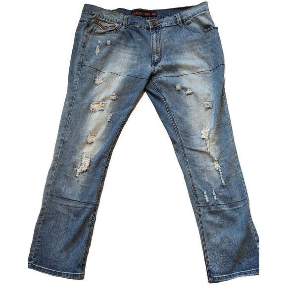 Franky Max Distressed Denim Blue Jeans 38x32 Embroidered Pockets Leather Trim - Picture 1 of 14